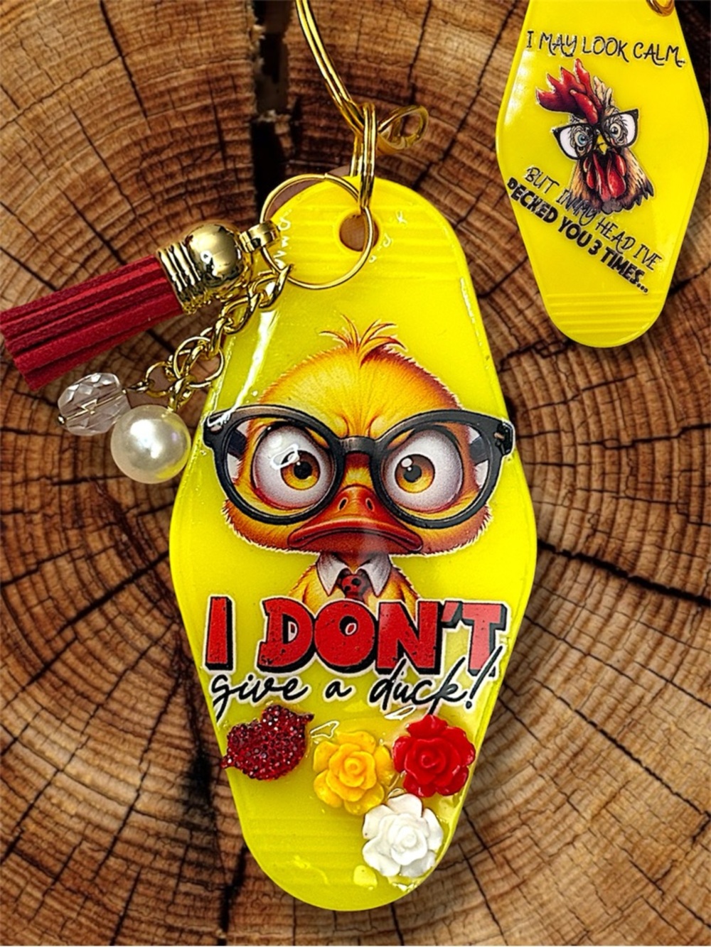New Keychain, Handmade, Yellow I DON'T give a duck', Red Tassel, Hotel Keychain